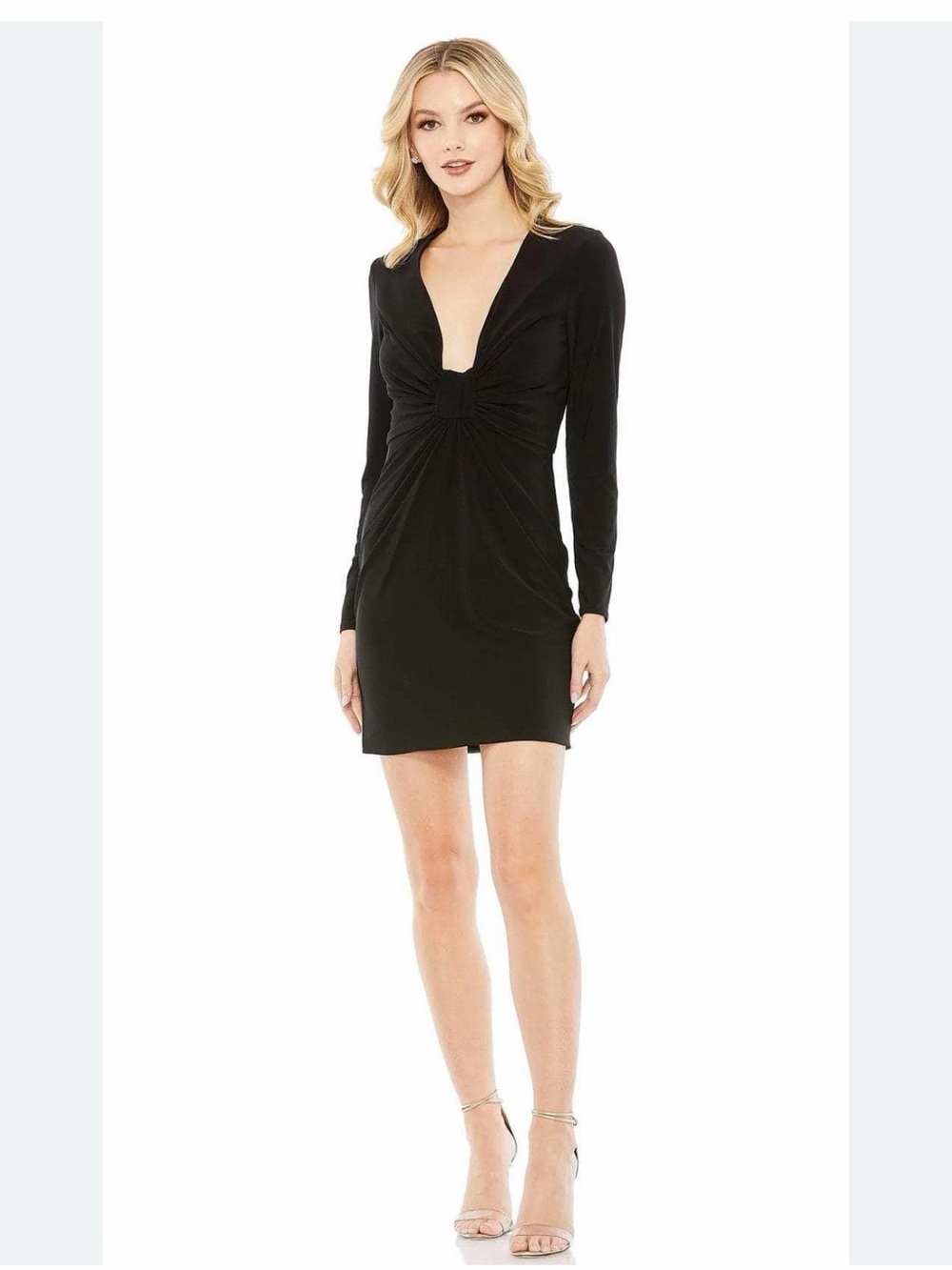 Ieena for Mac Duggal Long Sleeve Little Black Mini Dress with Deep Plunge, 12